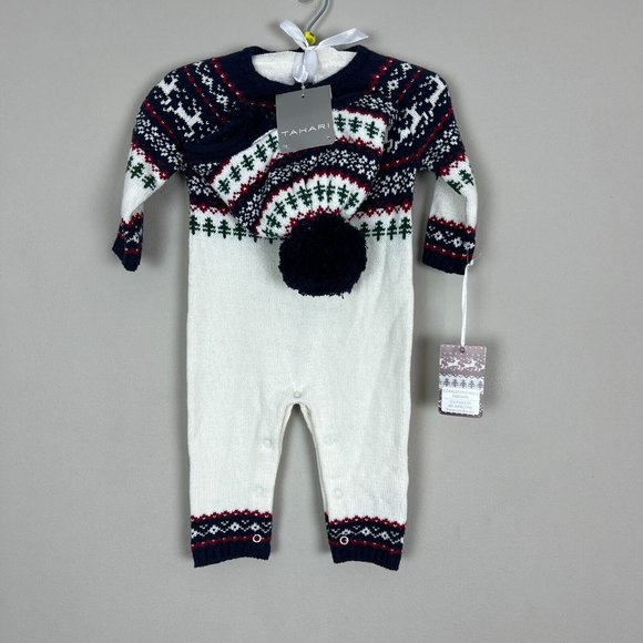 Tahari Coverall Hat Set Baby 6-9 Months Fair Isle Deer Tree Knit Sweater Pom New - Picture 1 of 8